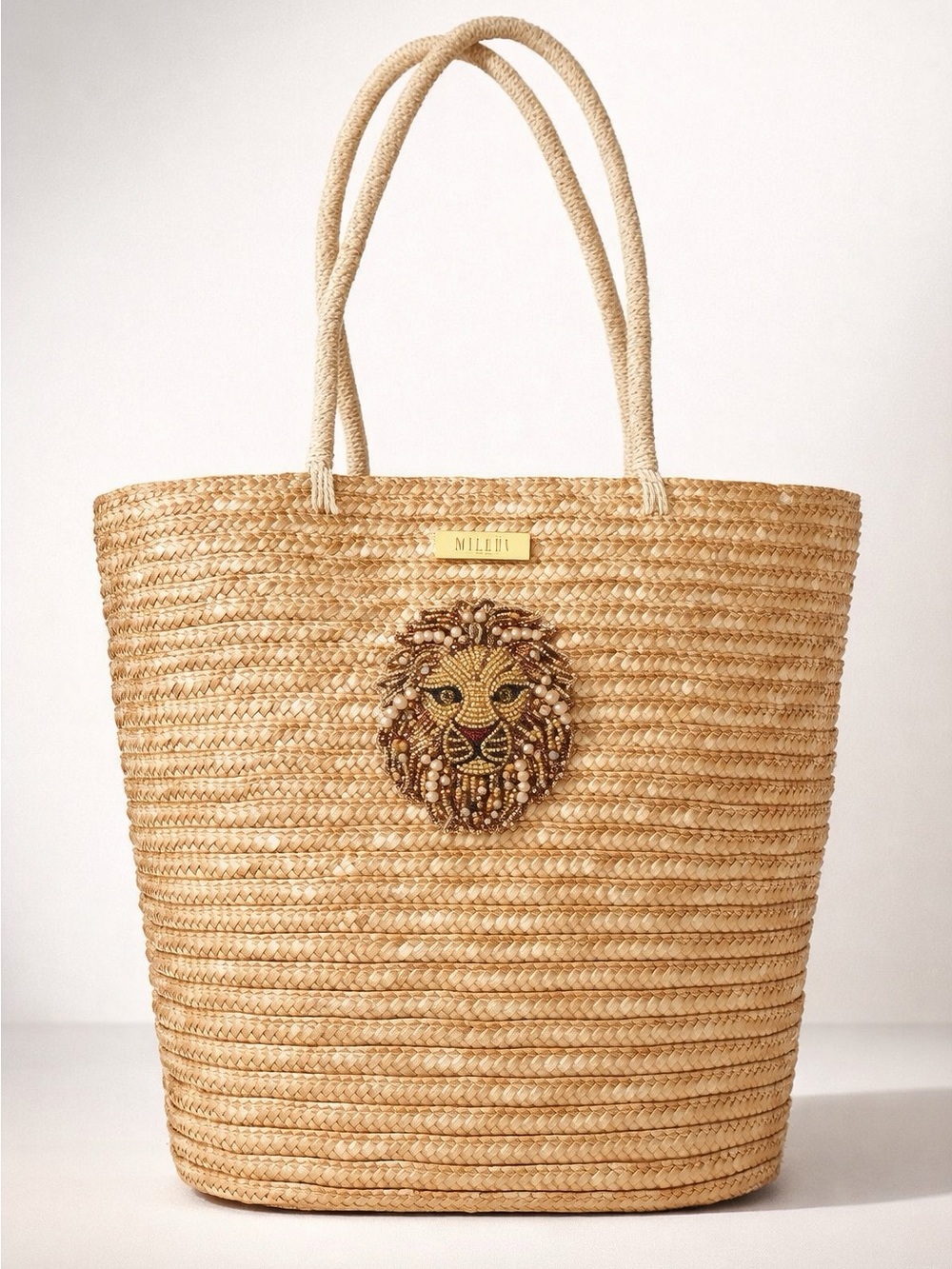 Milani Natural Straw Tote, Beaded Gold Lion Accent, Like New, 13x16
